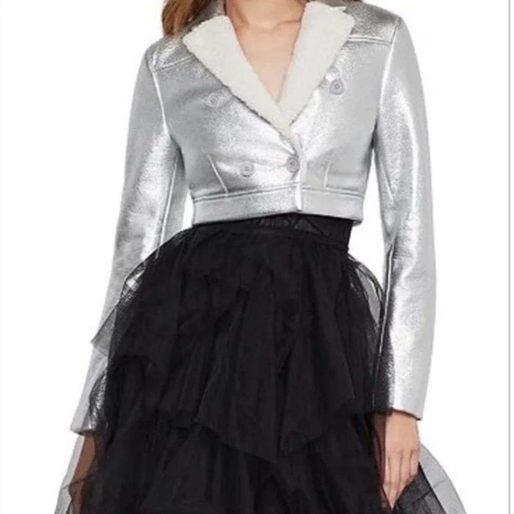 BCBG MAXAZRIA Sz XS METALLIC DOUBLE BREASTED CROPPED‎ JACKET SILVER WOMENS